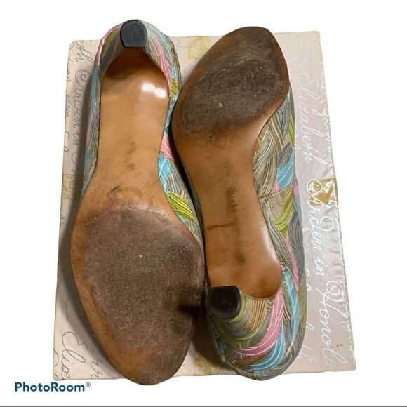 Vintage 70’s I. Magnin Silk Green Brown Pattern Heeled Pumps with bow Size 6B - Picture 8 of 11